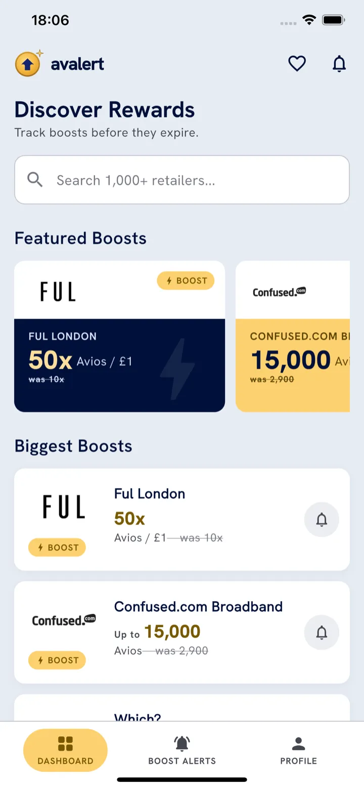 Avalert dashboard showing featured and biggest Avios boosts