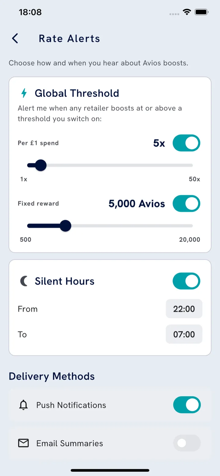 Avalert rate-alert settings with per-£ and fixed-reward thresholds