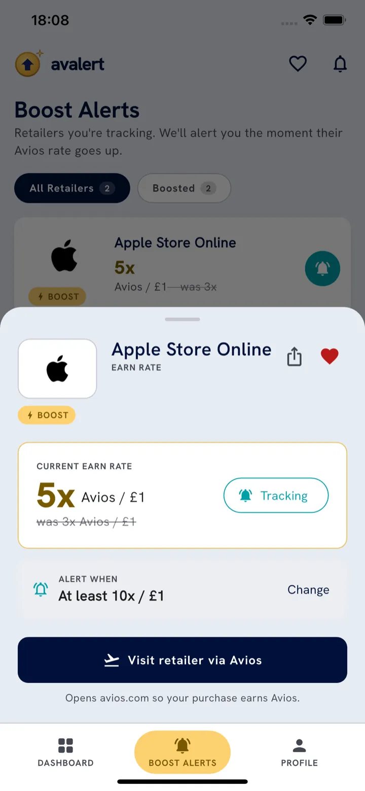 Retailer detail in Avalert with current earn rate and a visit button